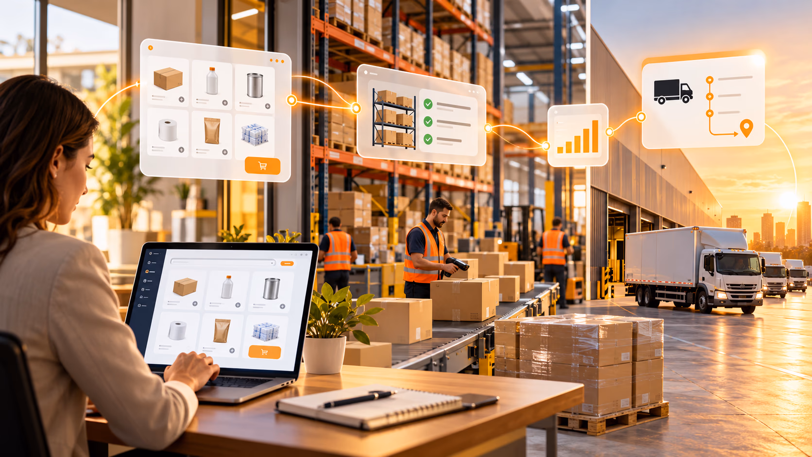 A woman reviews a digital product catalog on a laptop in a warehouse, alongside order, inventory and delivery route information, illustrating a B2B ordering portal.