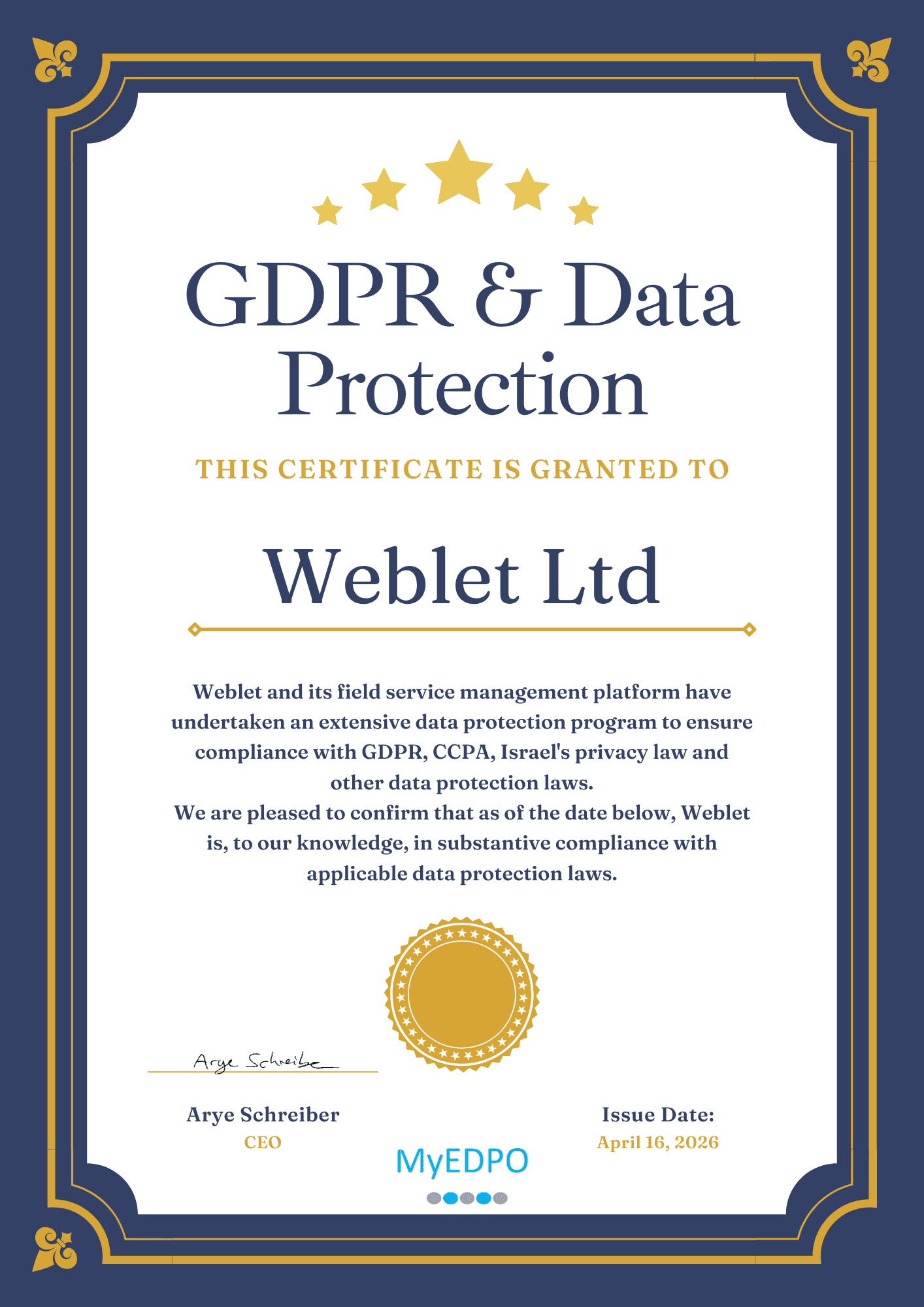 תעודת הסמכה GDPR של חברת וובלט בע״מ